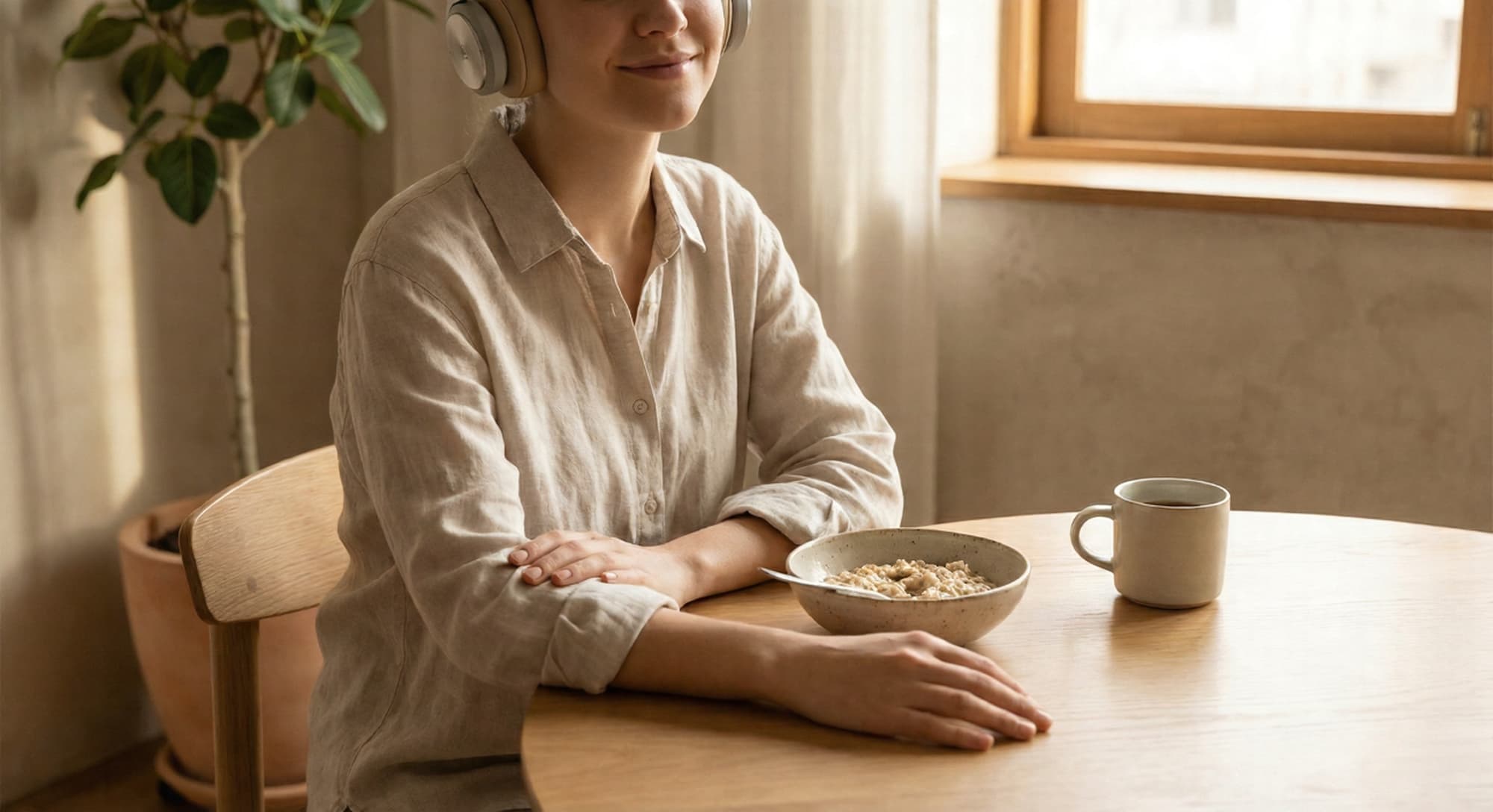 A person sitting calmly at a table with wireless earbuds in