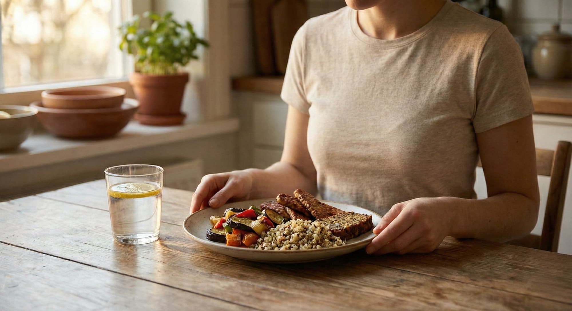 A simple balanced meal with a glass of water, with hands resting calmly near the plate