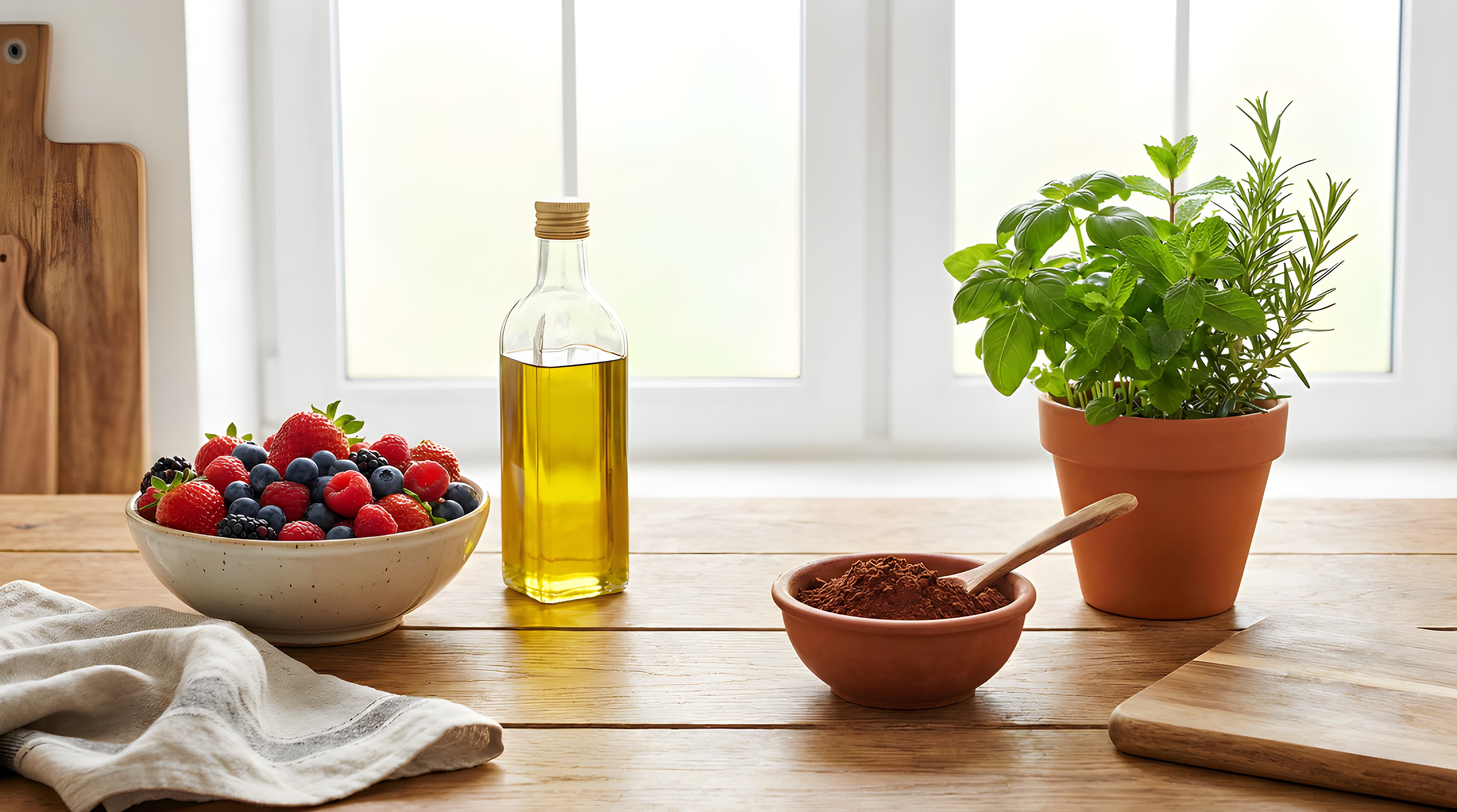 Colorful kitchen counter with berries, olive oil, and cocoa powder