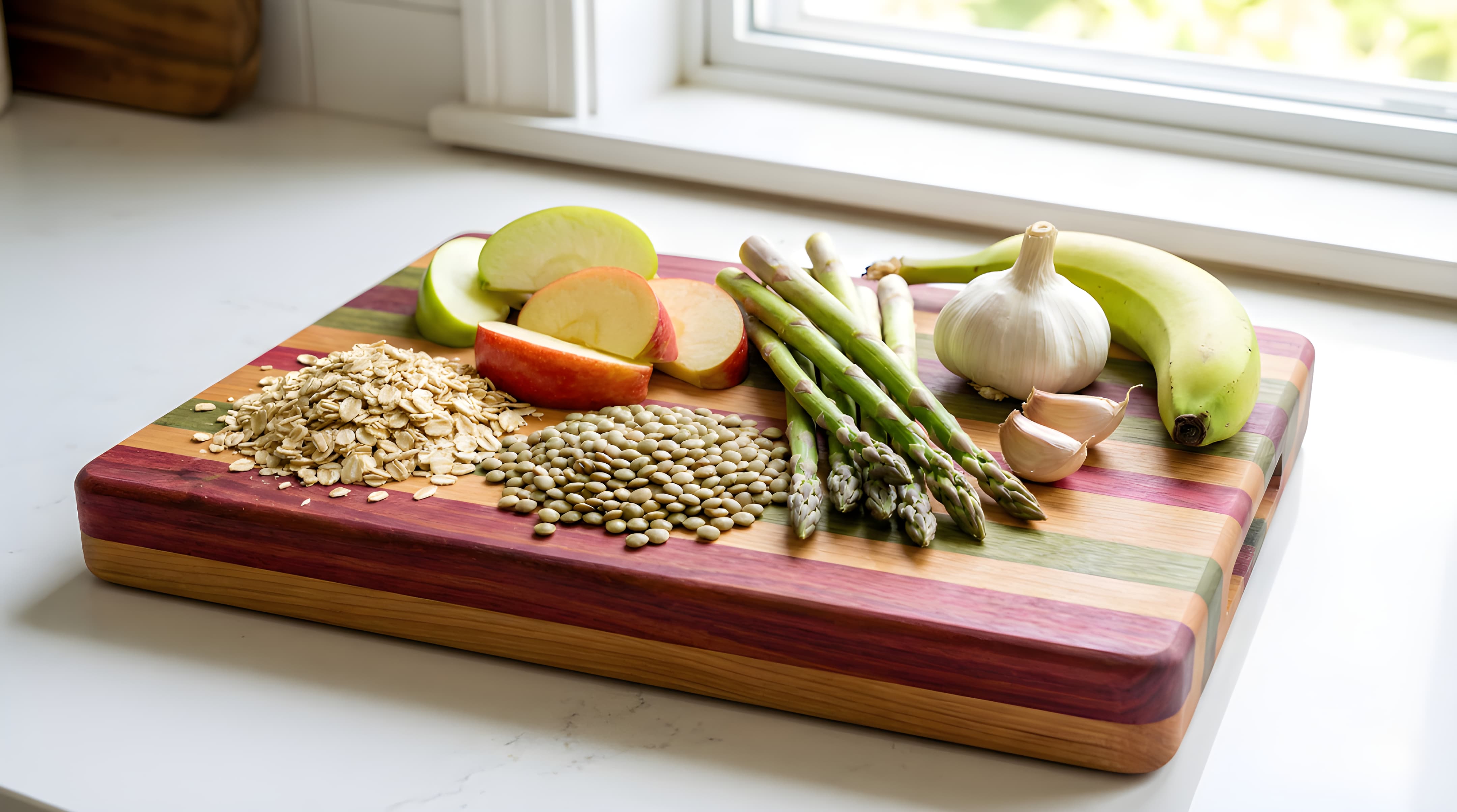 Cutting board with prebiotic foods: oats, lentils, apple slices, asparagus, garlic