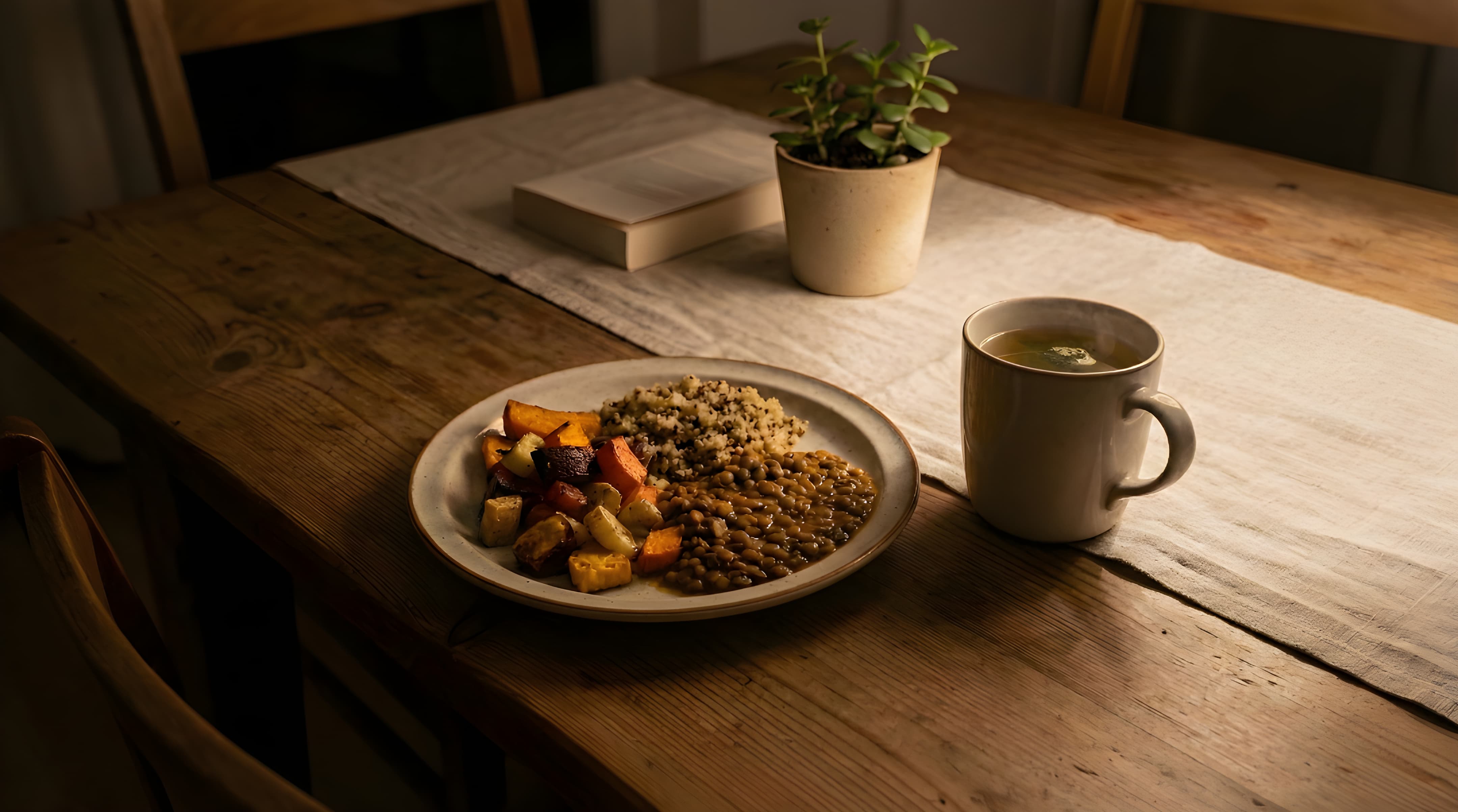 Calm dinner table with a simple plate of food and a mug of herbal tea