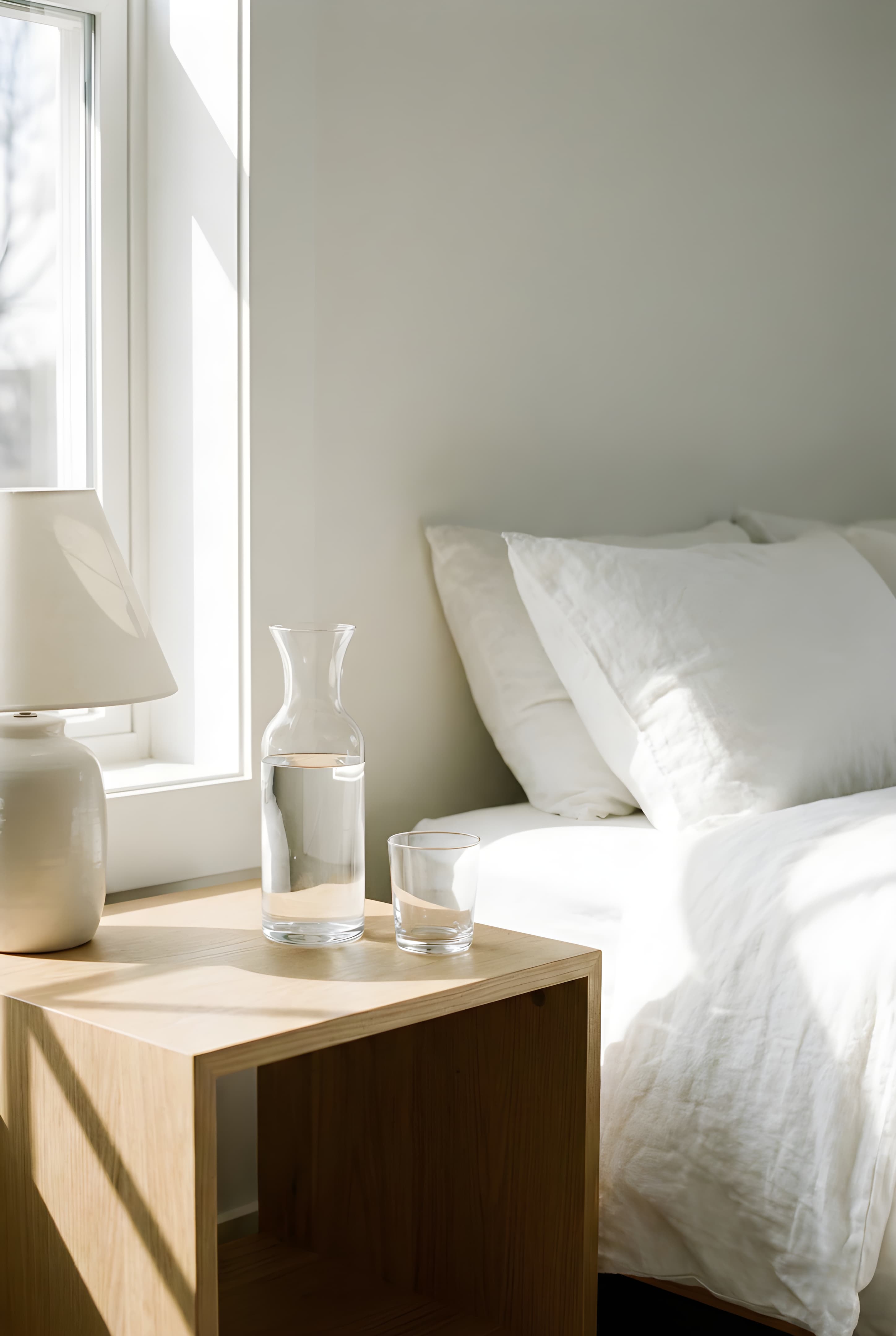 Glass water carafe and a single glass on a bedside table in morning light