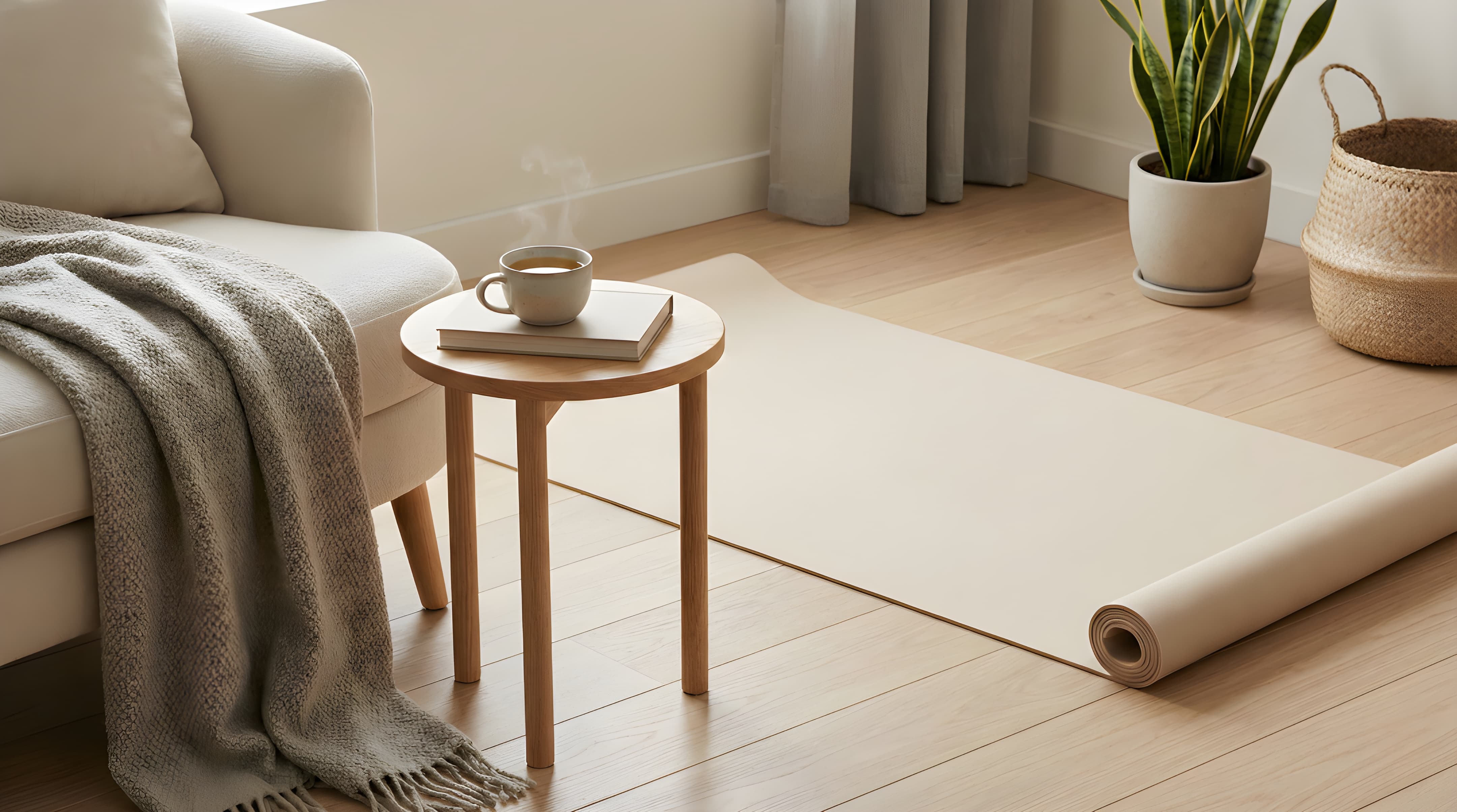 Minimal cozy living room corner with a yoga mat and tea