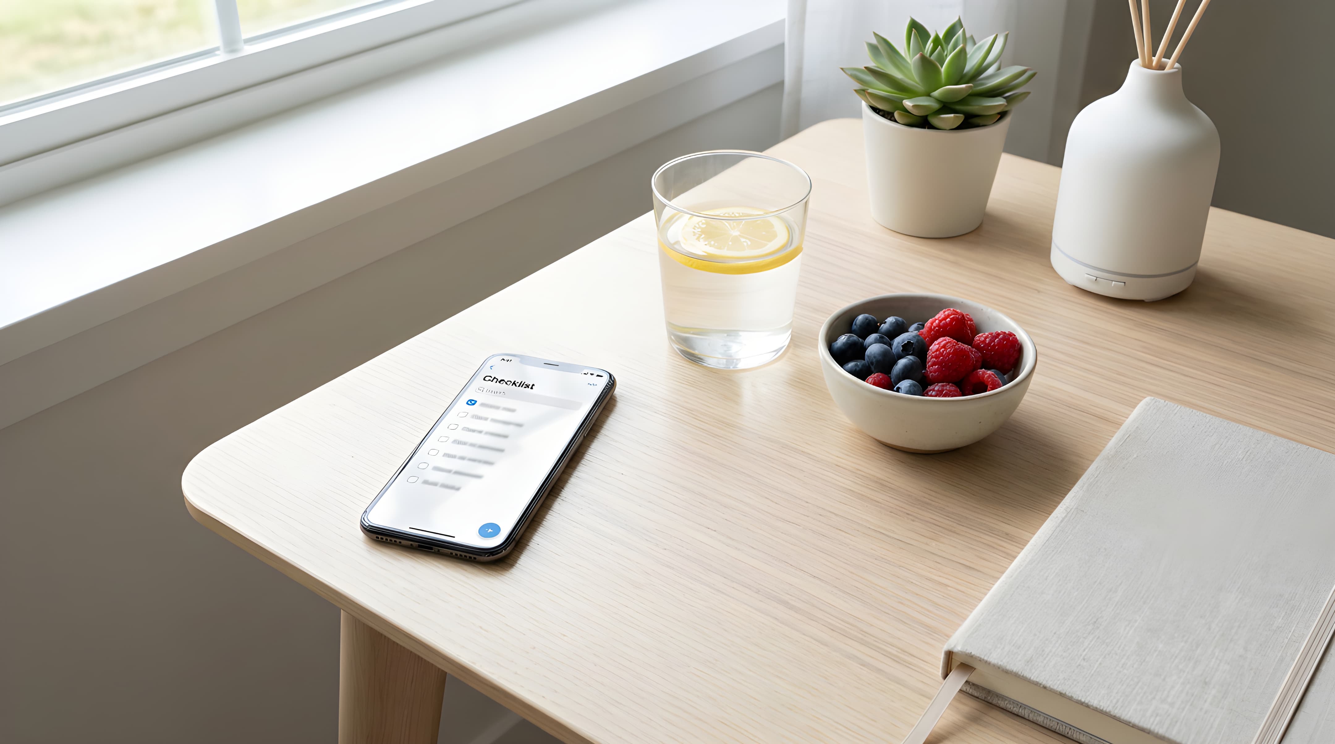 Minimal desk setup with a phone showing a simple checklist