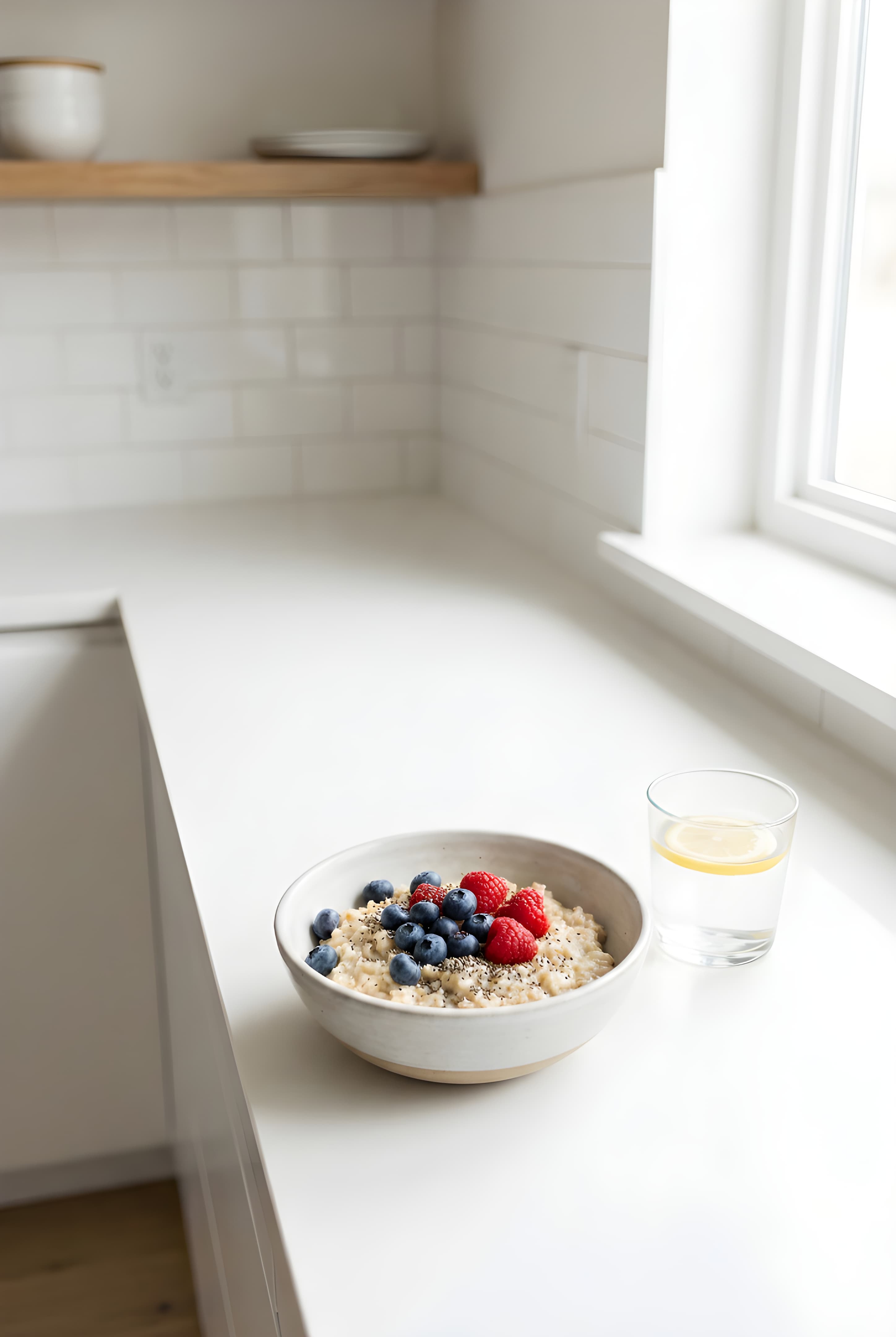 Tall vertical photo of a bowl of oatmeal with berries and chia seeds