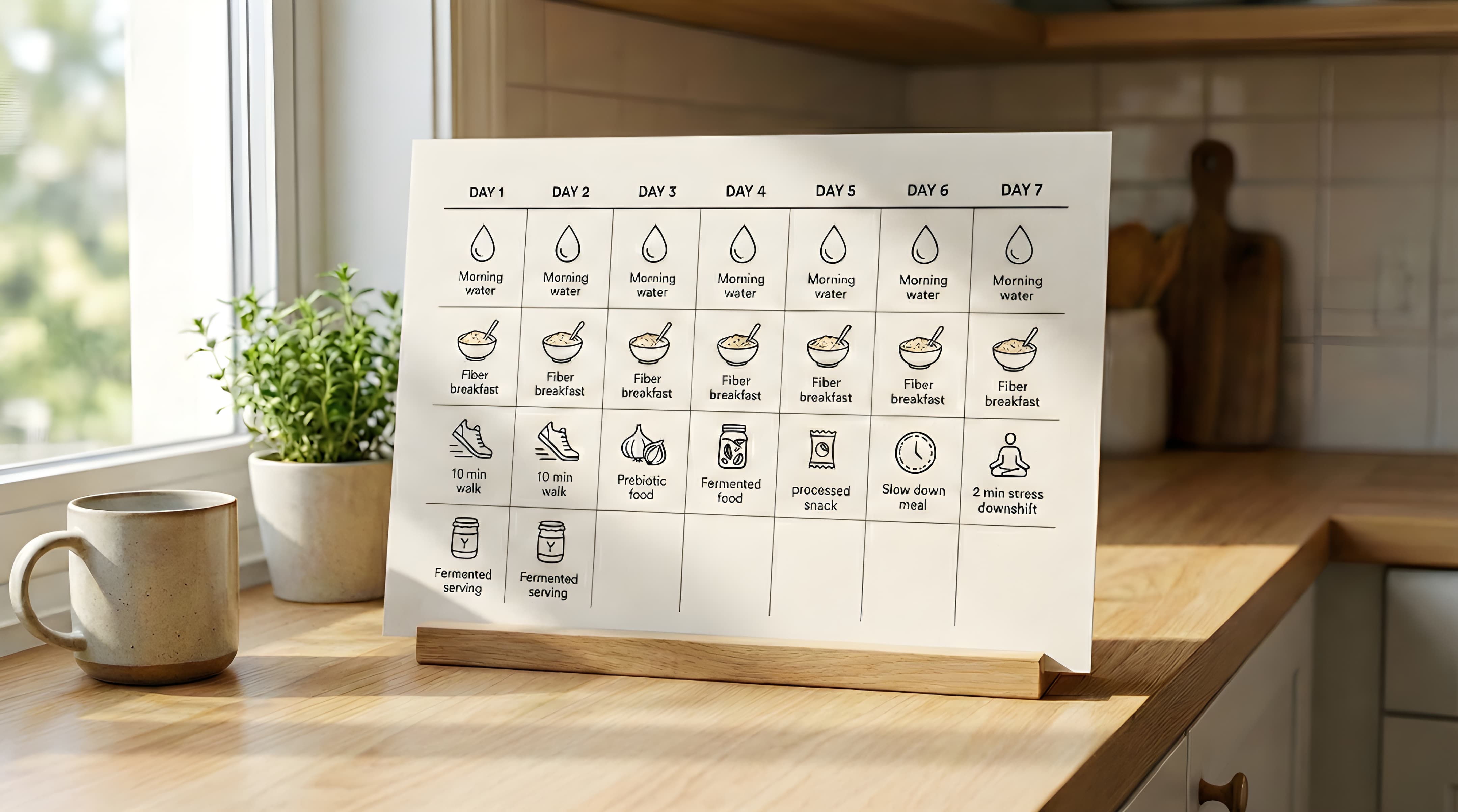 Clean minimalist weekly calendar on a kitchen counter with small icons