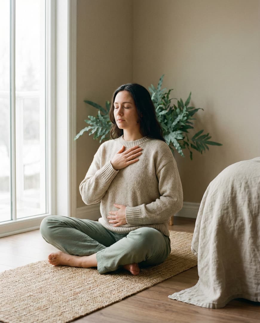 Person sitting upright practicing breathwork near a window