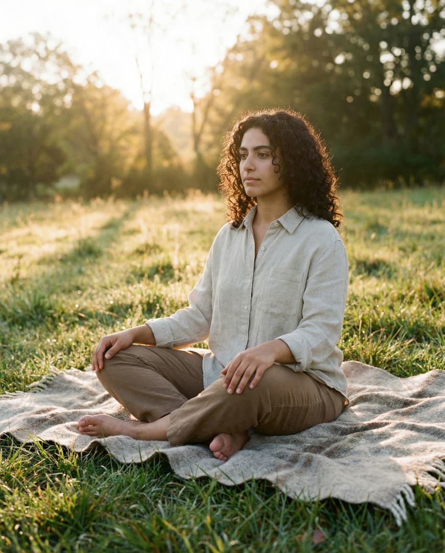 Person sitting on a blanket on grass with feet touching the ground