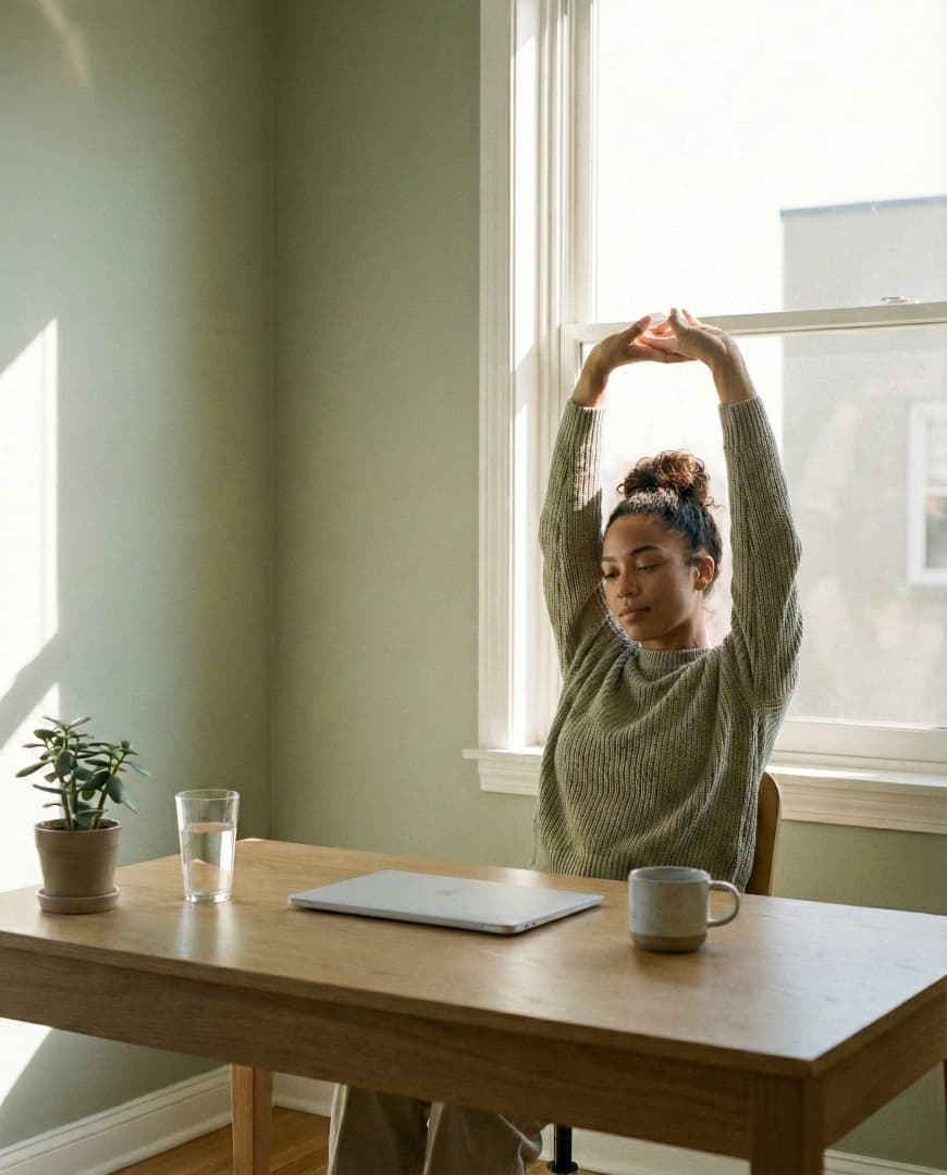 Person standing beside a desk stretching gently in warm daylight