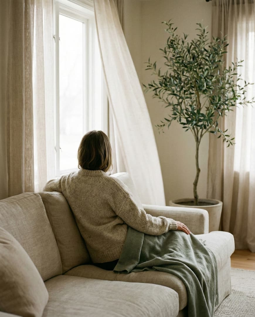 Photorealistic calm living room in soft light with person relaxing
