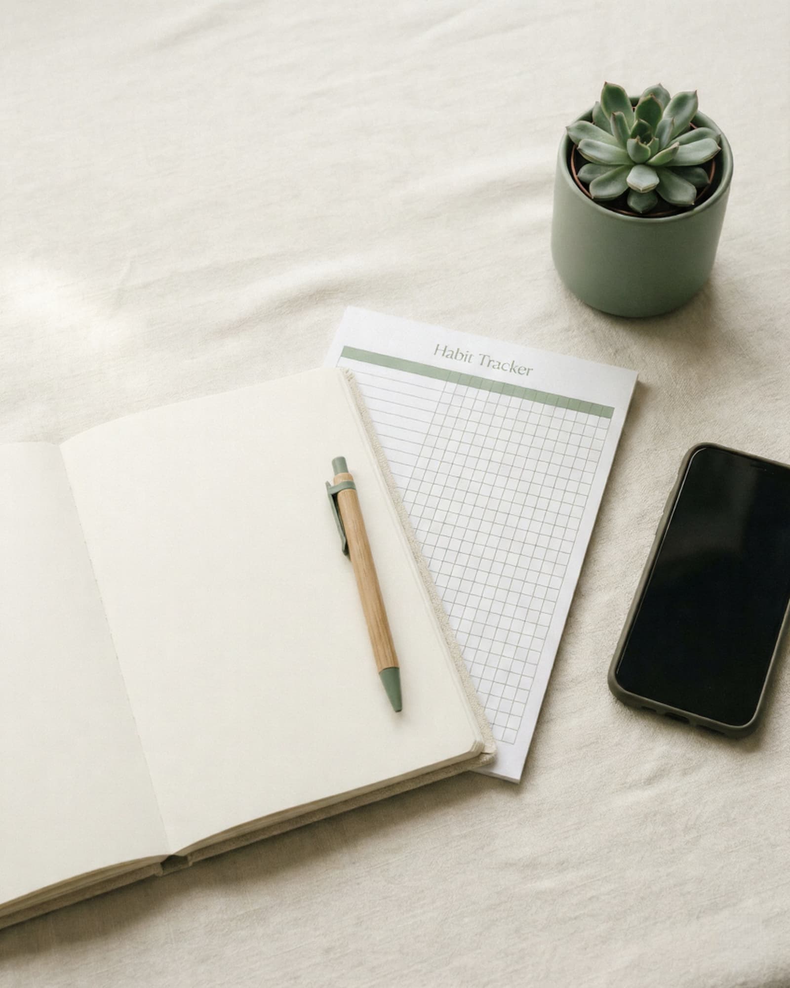 Flat lay of a simple habit tracker page and journal