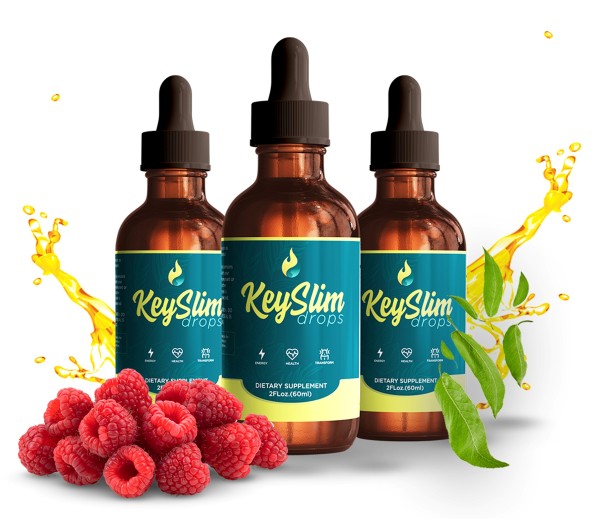 KeySlim Drops bottles displayed with raspberries
