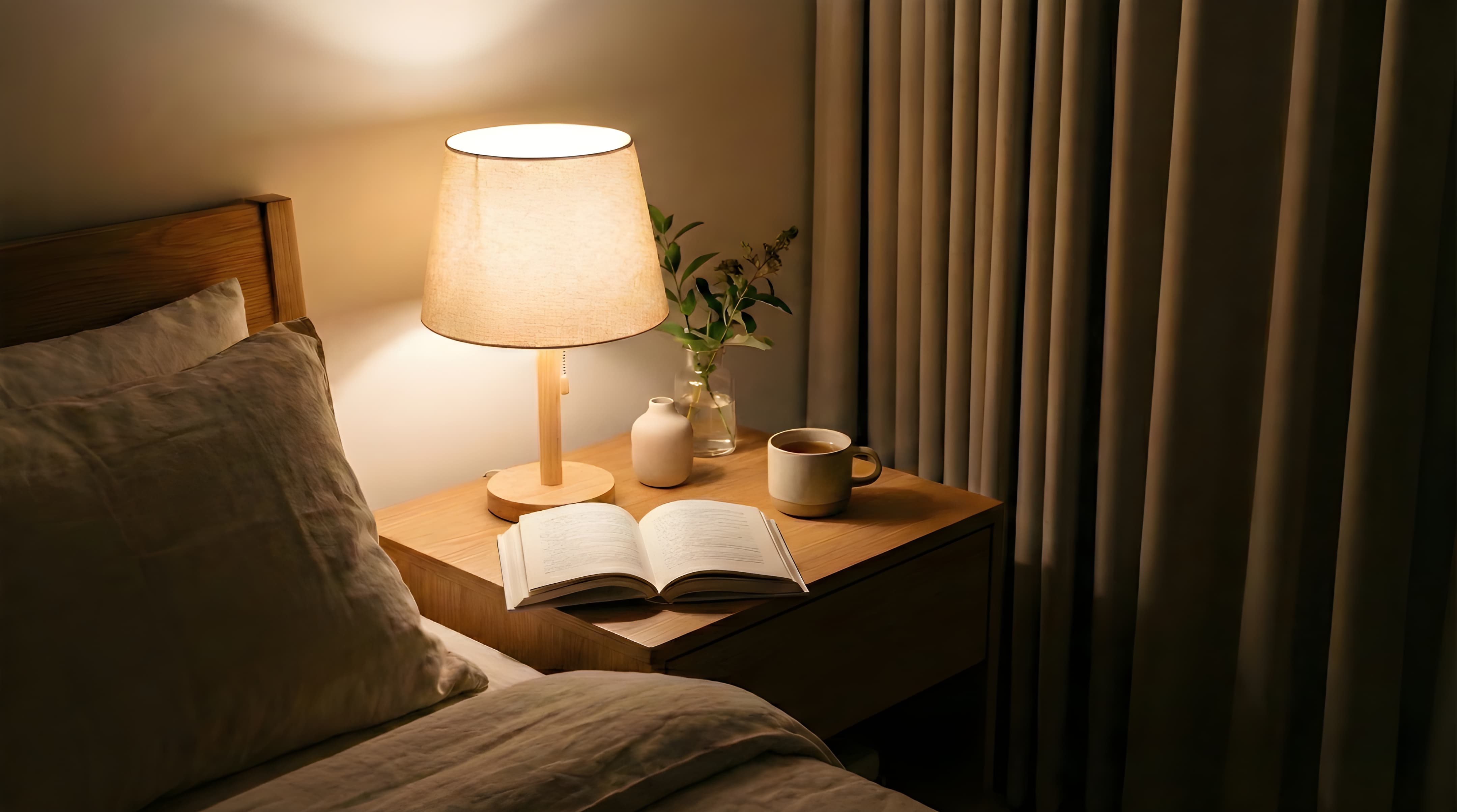 Calm bedroom scene with warm lamp glow